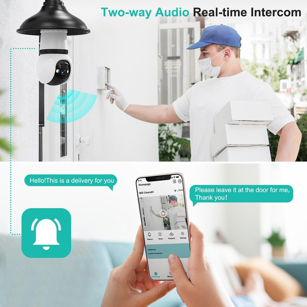 Light Bulb Security Camera 2K Color Night Vision Motion Detection Siren Alarm Two-Way Audio O9634