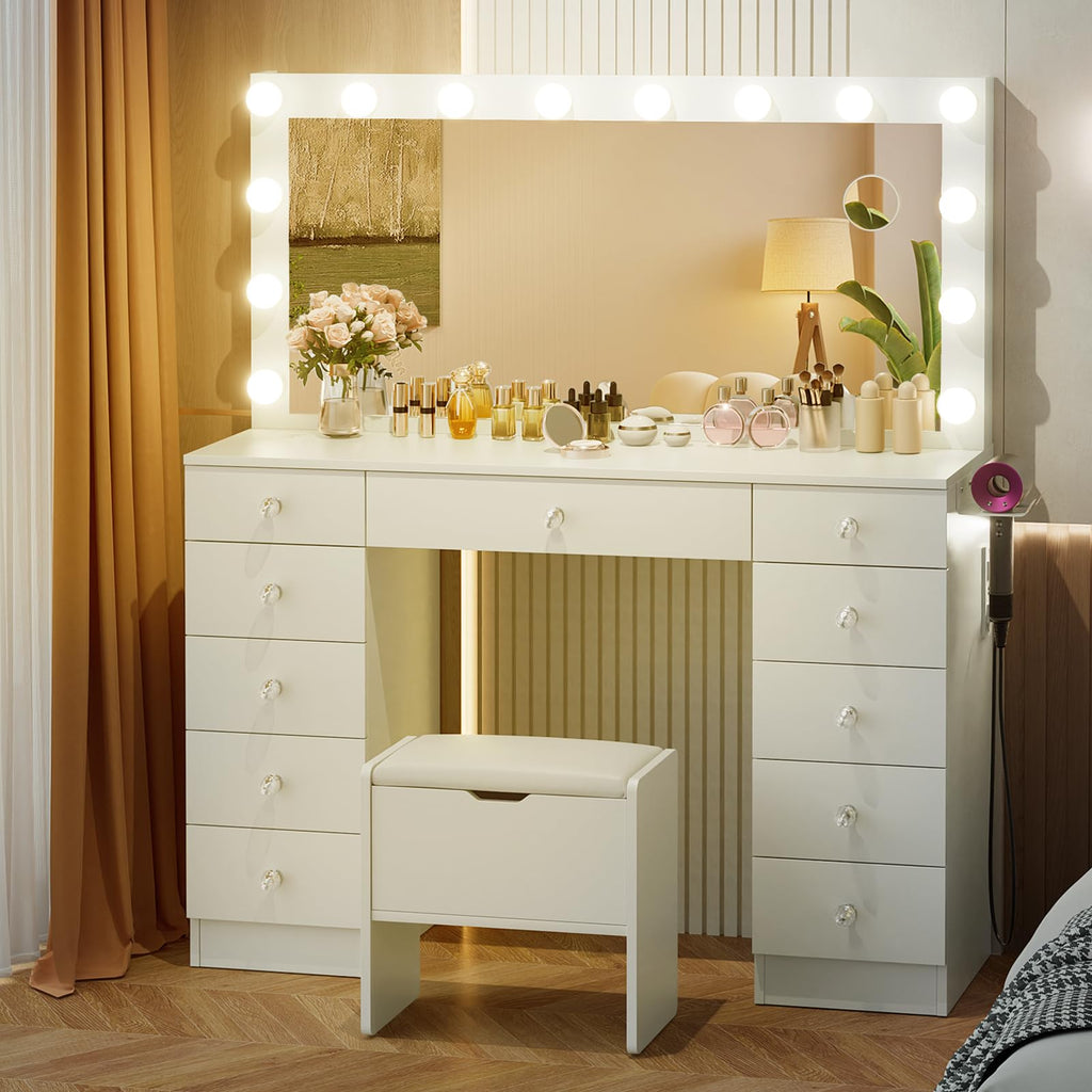 46" Vanity with Lighted Mirror and 11 Drawers J1149