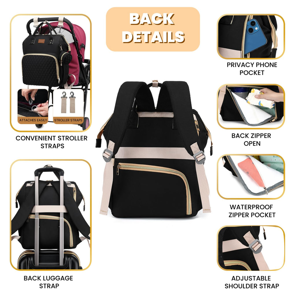 Black Waterproof Quilted Diaper Bag Backpack with Changing Pad G557549