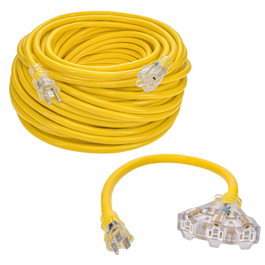 150ft 12/3 SJTW Yellow Outdoor Extension Cord with 3-Outlet Adapter B1502