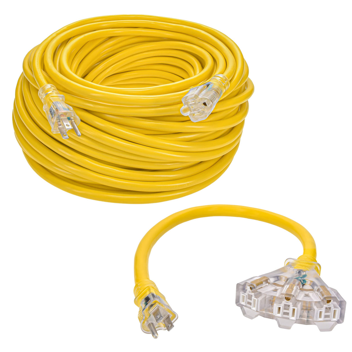 150ft 12/3 SJTW Yellow Outdoor Extension Cord with 3-Outlet Adapter B1502