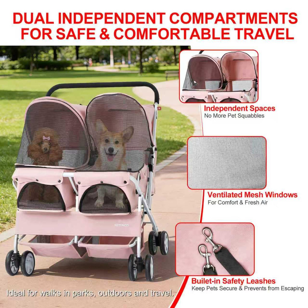 Double Pet Stroller for 2 Small Dogs & Cats, Side-by-Side Twin Travel Carriage with Safety Leashes, Mesh Windows & Double Storage Baskets, Lightweight & Foldable, 44lbs Capacity, Pink O199061