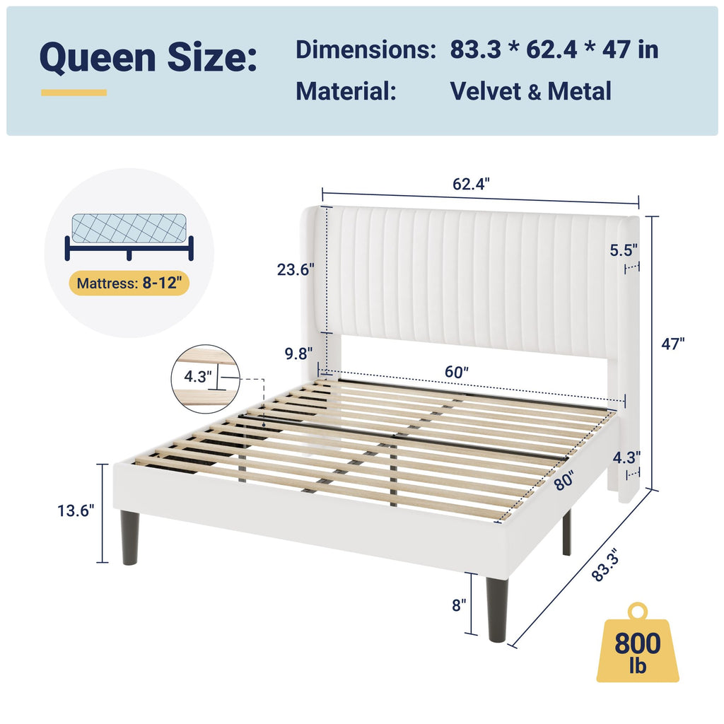 Queen Size White Velvet Upholstered Platform Bed O86166