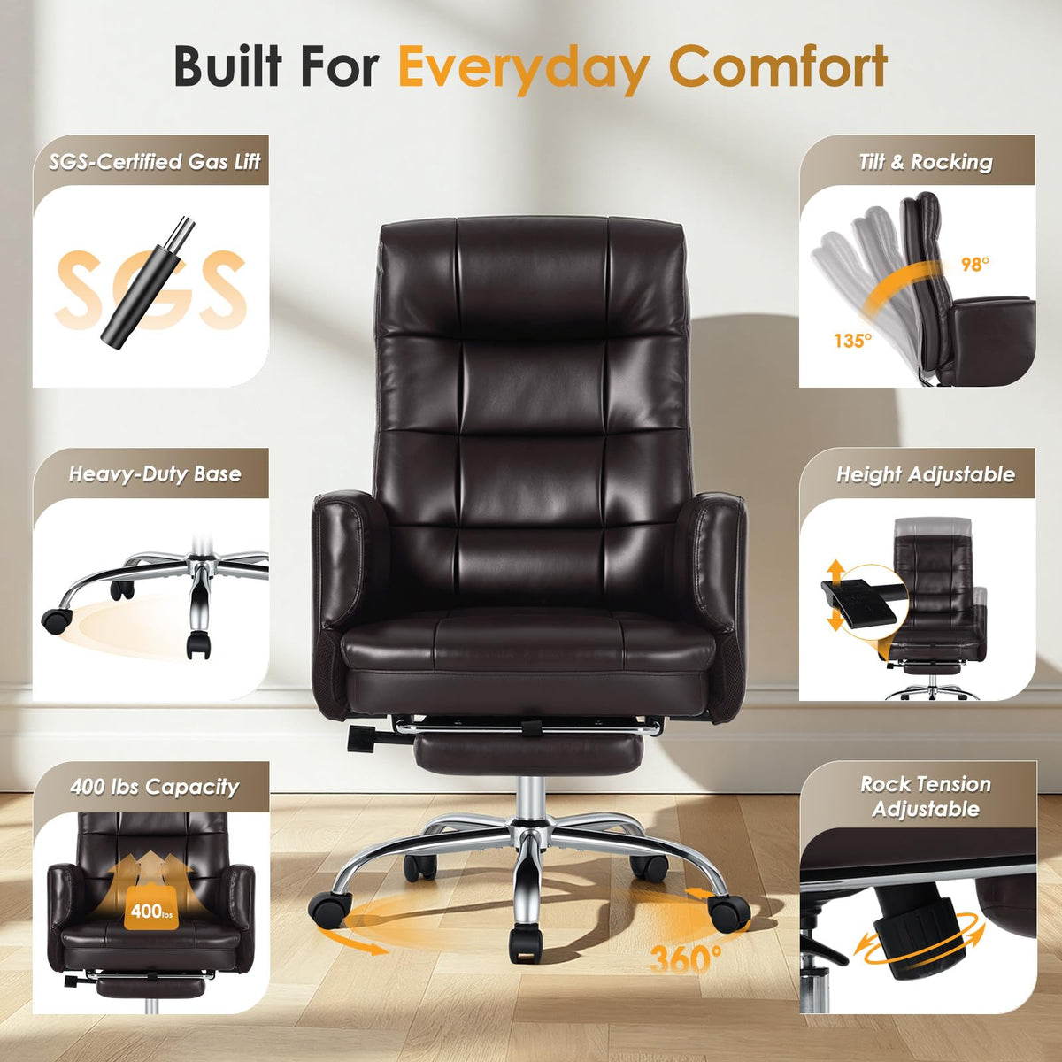 Big and Tall Ergonomic Office Chair with Foot Rest, Brown U3631
