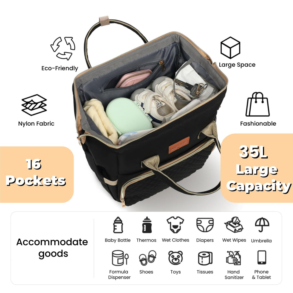 Black Waterproof Quilted Diaper Bag Backpack with Changing Pad G557549