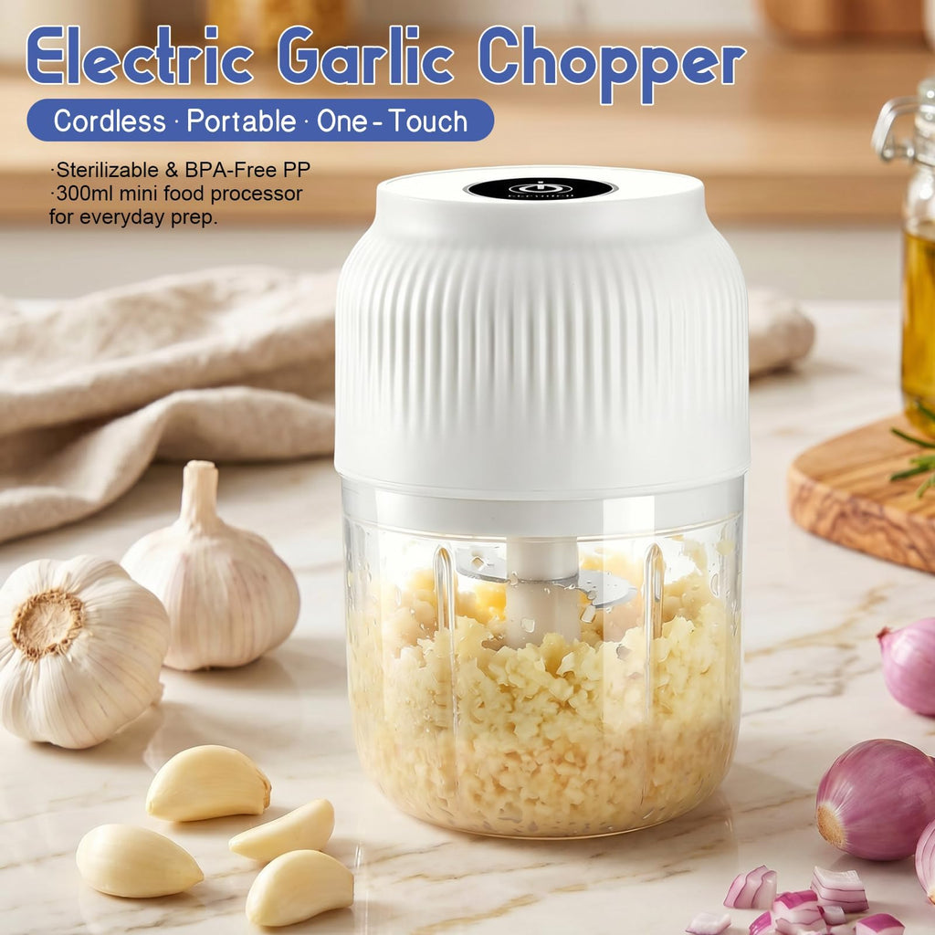 Electric Garlic Chopper, Mini Food Processor, Portable Cordless Garlic Mincer with 4 Stainless Steel Blades, Blue, 300ML G2035