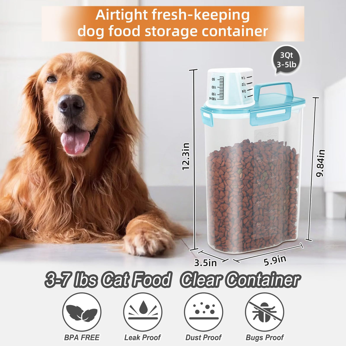 3-5Lbs/3Qt Plastic Pet Food Storage Container with Foldable Bowl H742049