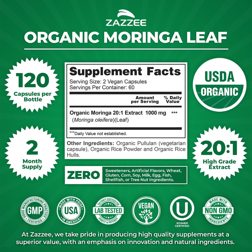 USDA Organic Moringa Leaf 20:1 Extract 120 Vegan Capsules R27949