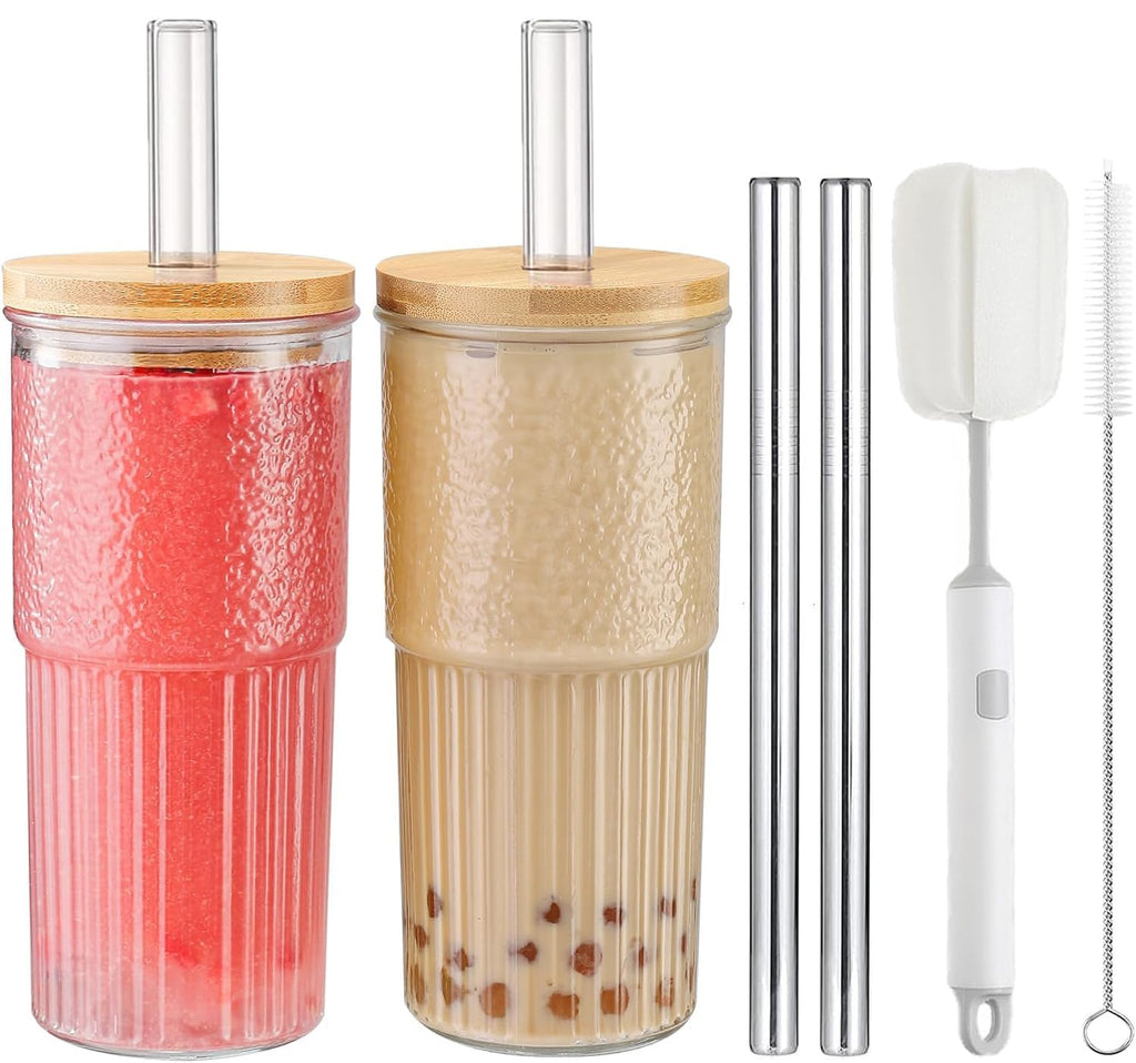 22oz Glass Cups Set with Bamboo Lids and Straws S62481