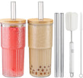 22oz Glass Cups Set with Bamboo Lids and Straws S62481