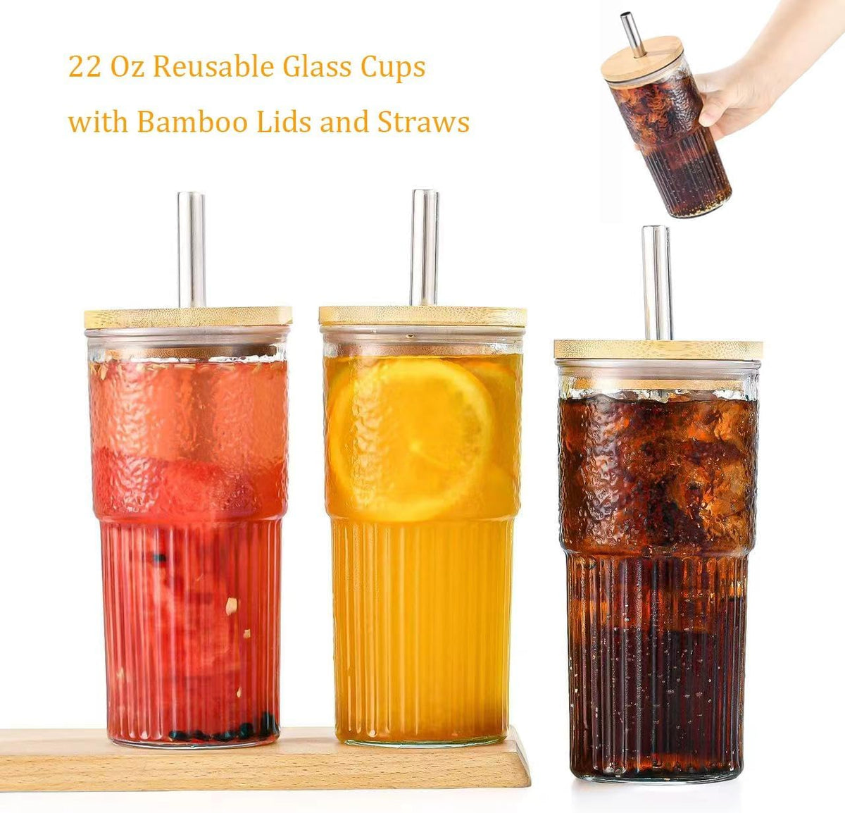 22oz Glass Cups Set with Bamboo Lids and Straws S62481