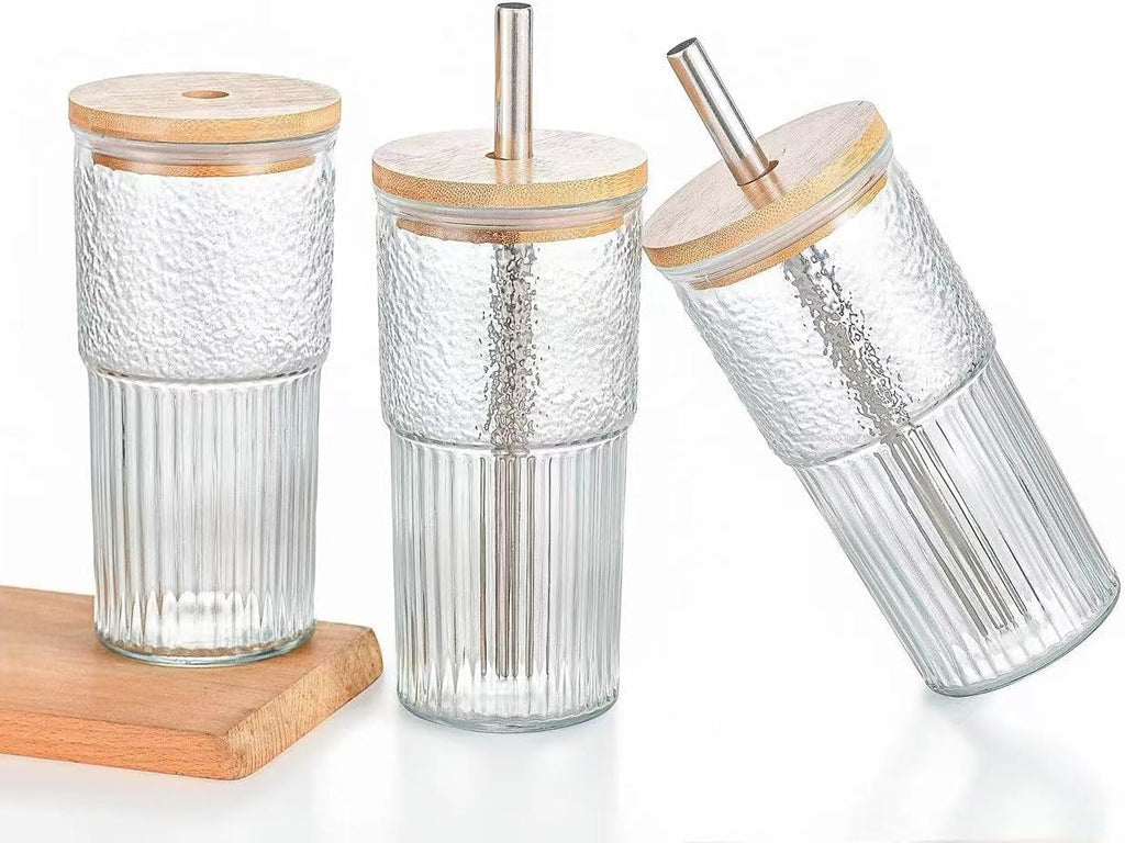22oz Glass Cups Set with Bamboo Lids and Straws S62481