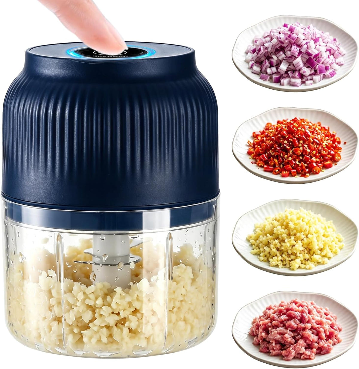 Electric Garlic Chopper, Mini Food Processor, Portable Cordless Garlic Mincer with 4 Stainless Steel Blades, Blue, 300ML G2035