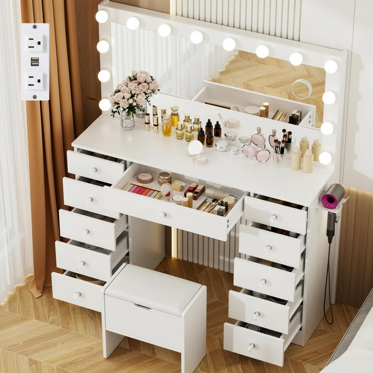 46" Vanity with Lighted Mirror and 11 Drawers J1149
