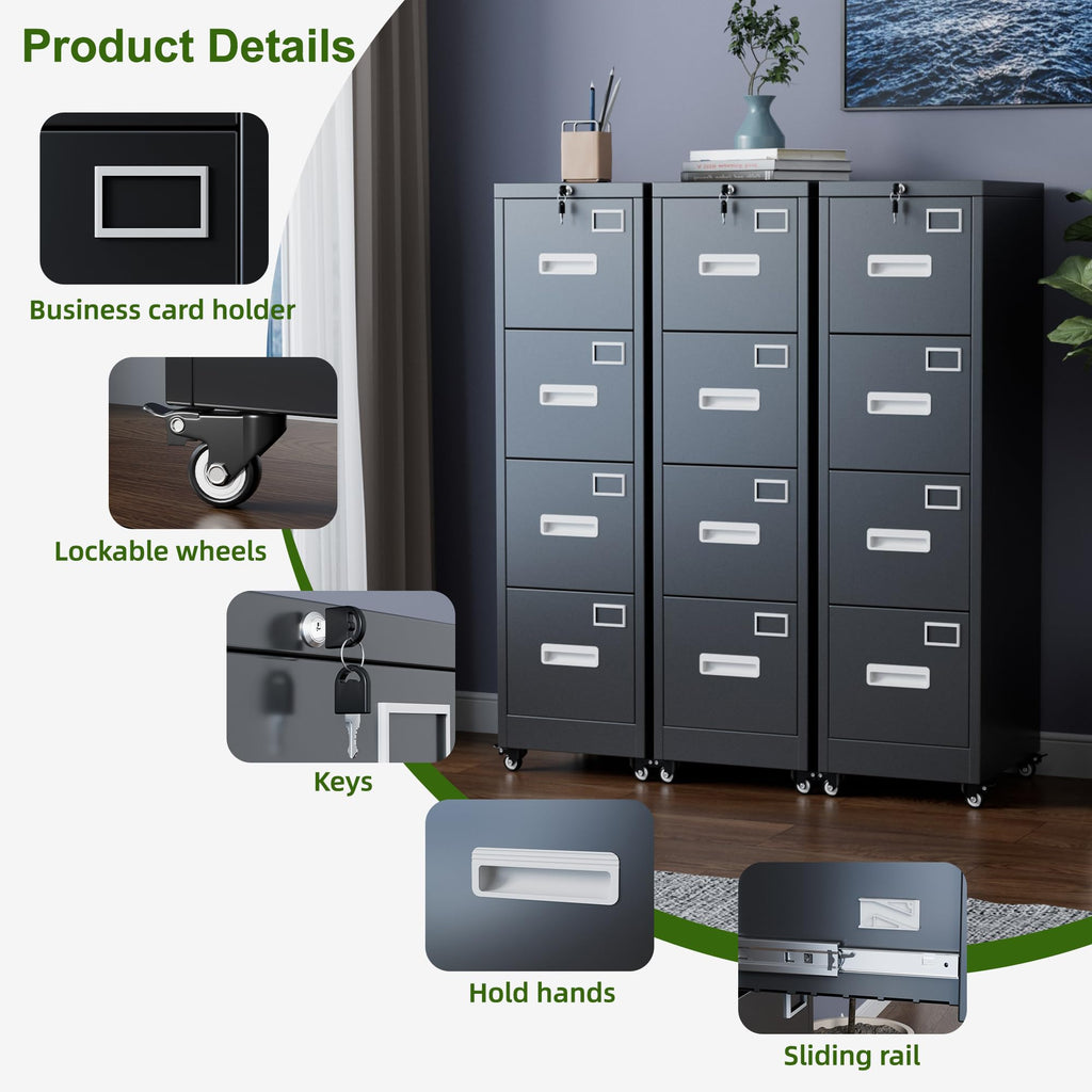 Metal 4 Drawer File Cabinet with Lock and Wheels, Black Z90434