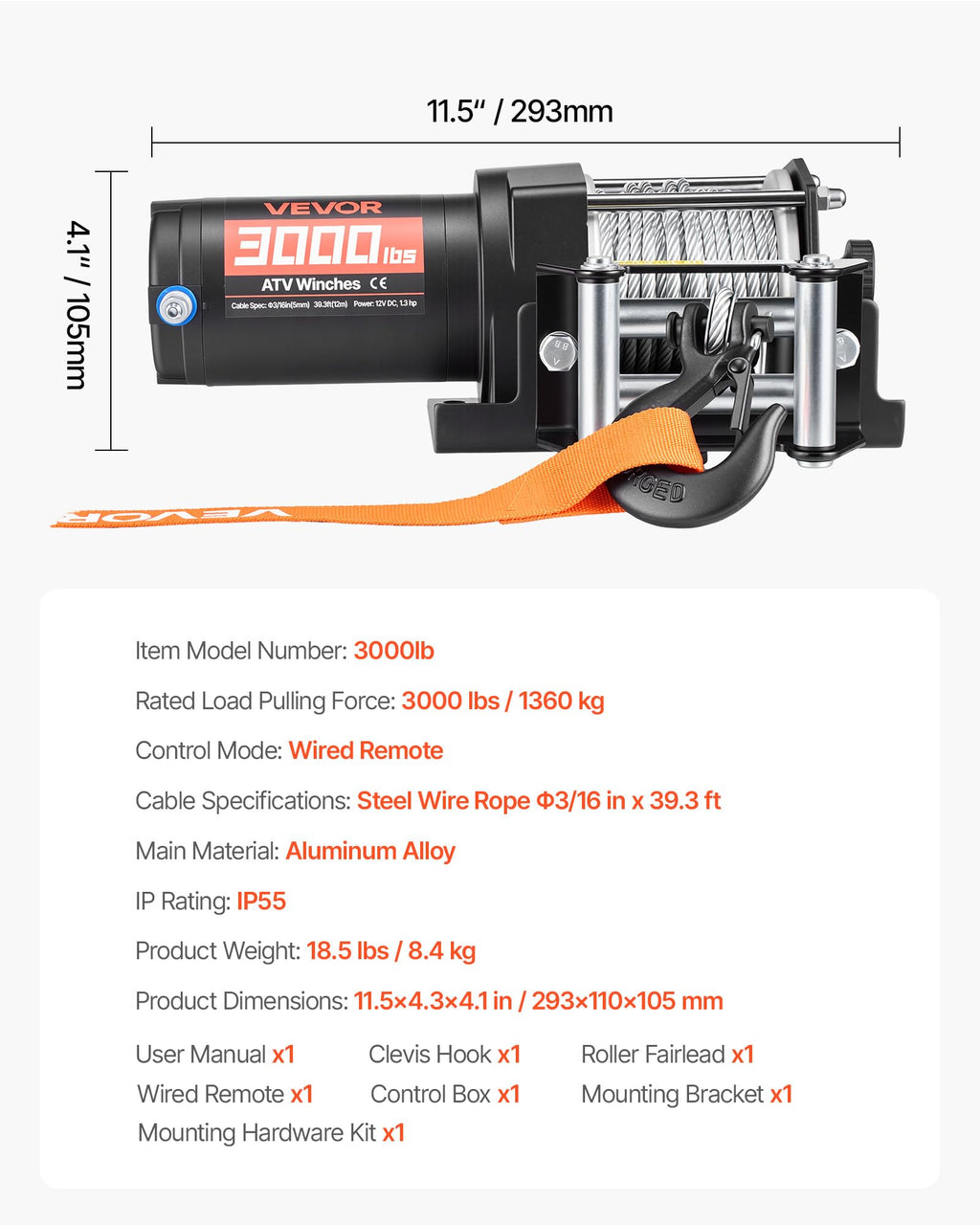 12V DC Electric Winch with Steel Wire Rope and Wired Remote Control P39953