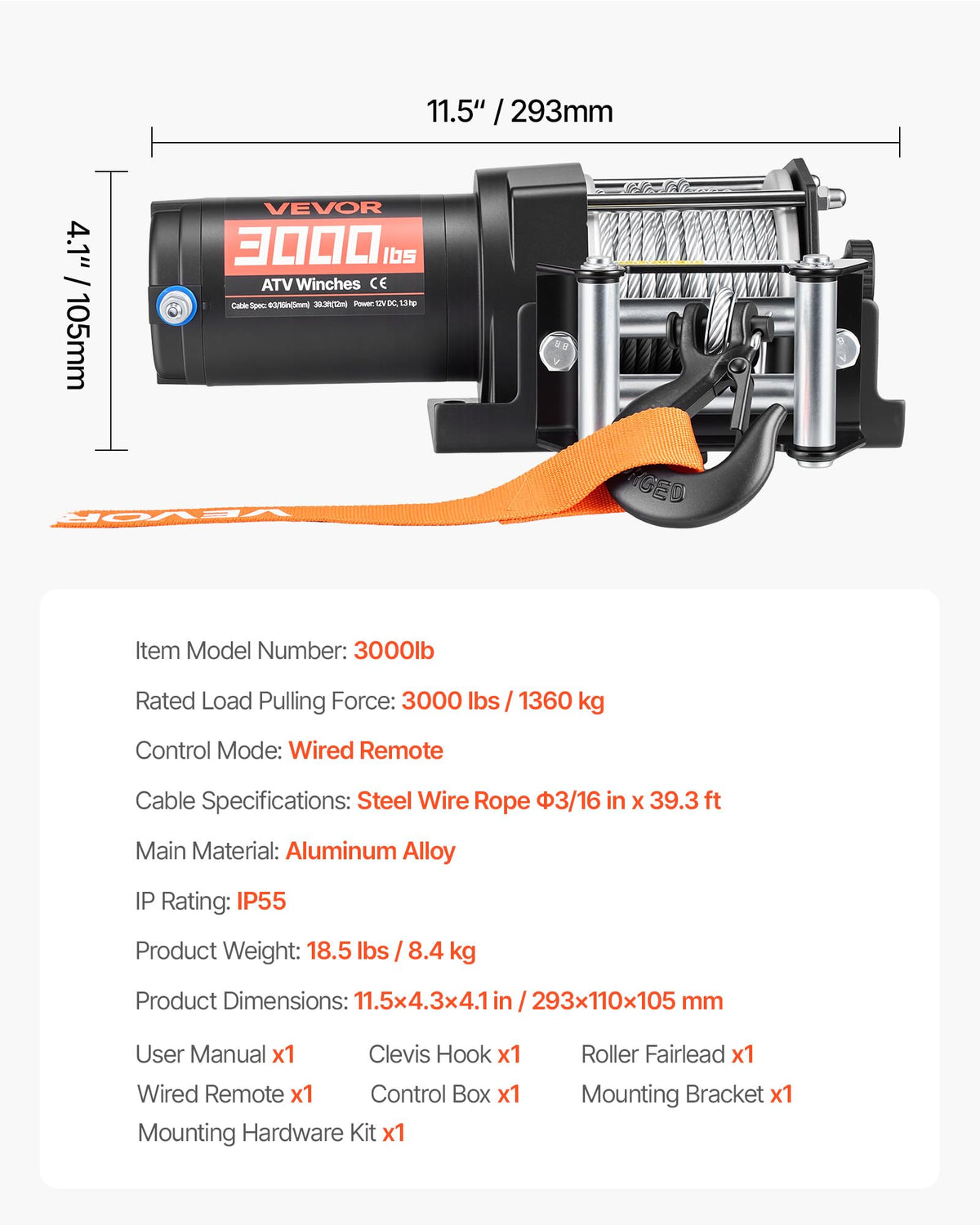 12V DC Electric Winch with Steel Wire Rope and Wired Remote Control P39953