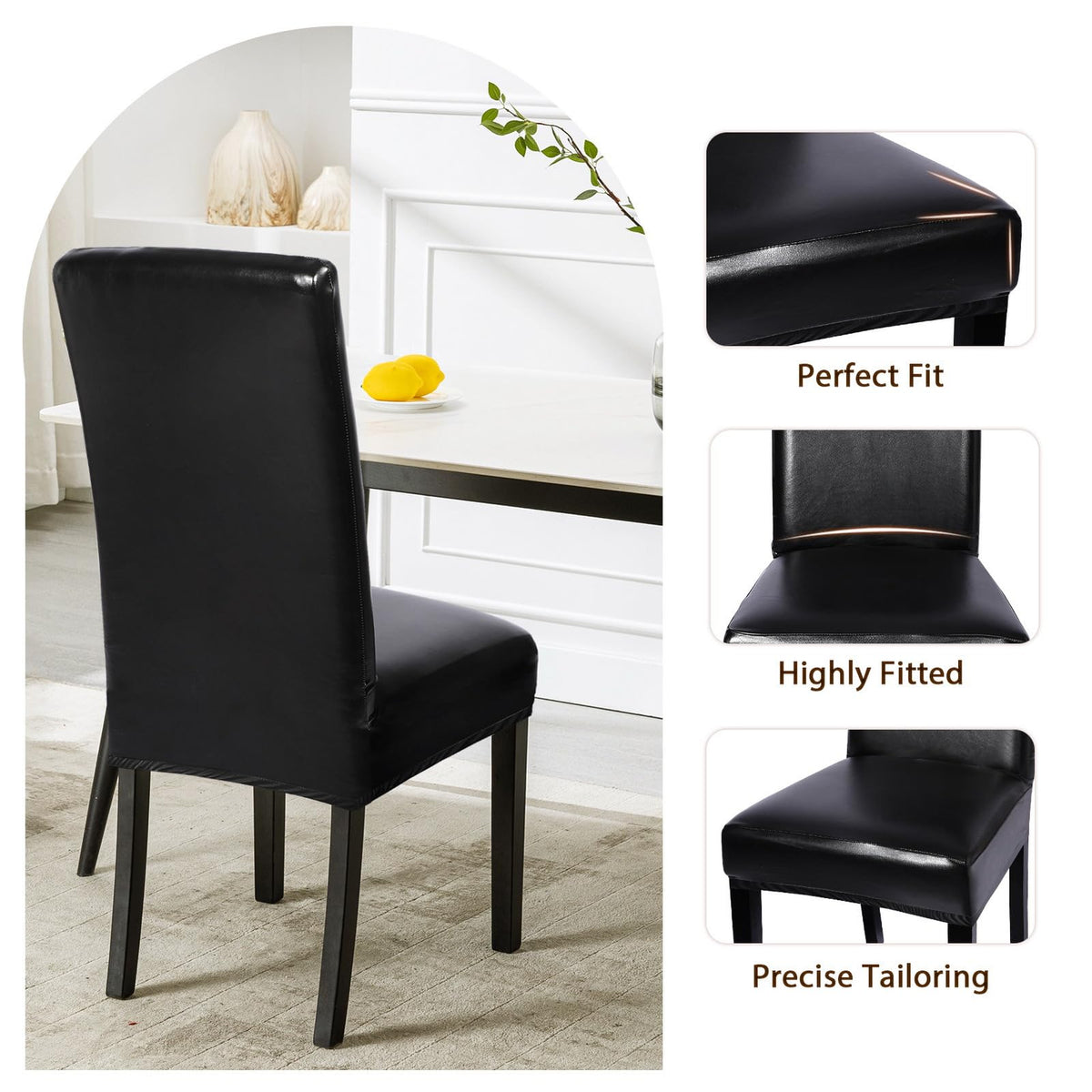 Waterproof PU Leather Dining Chair Covers Set of 4 Black T9832
