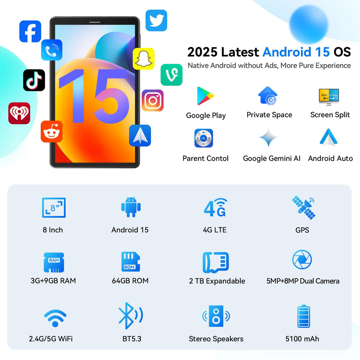 8 Inch Android Tablet with SIM Card Slot 4G LTE 12GB RAM 64GB ROM G658737