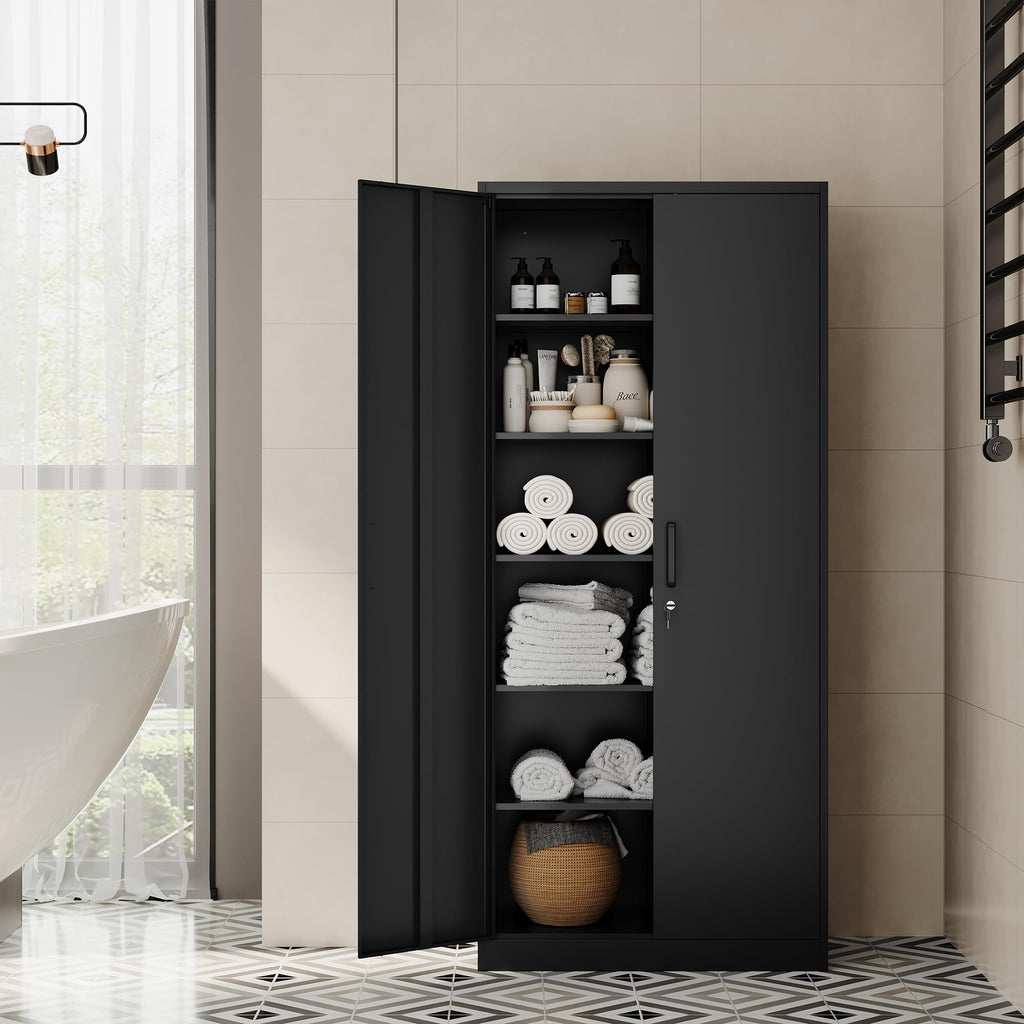 71” Tall Black Steel Storage Cabinet with Lockable Doors and Adjustable Shelves K2278