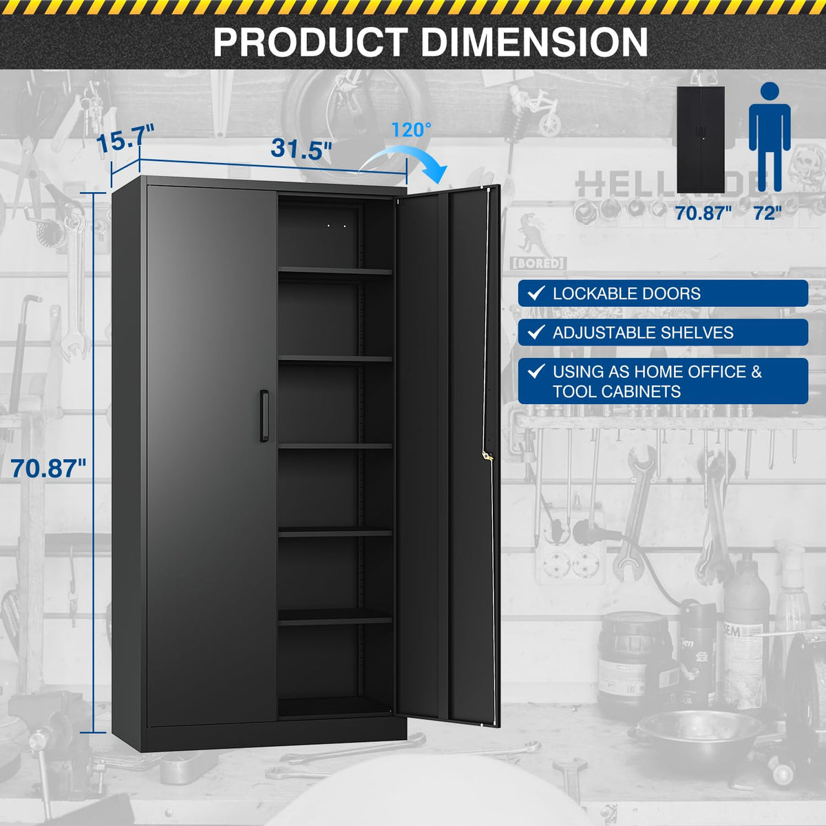 71” Tall Black Steel Storage Cabinet with Lockable Doors and Adjustable Shelves K2278