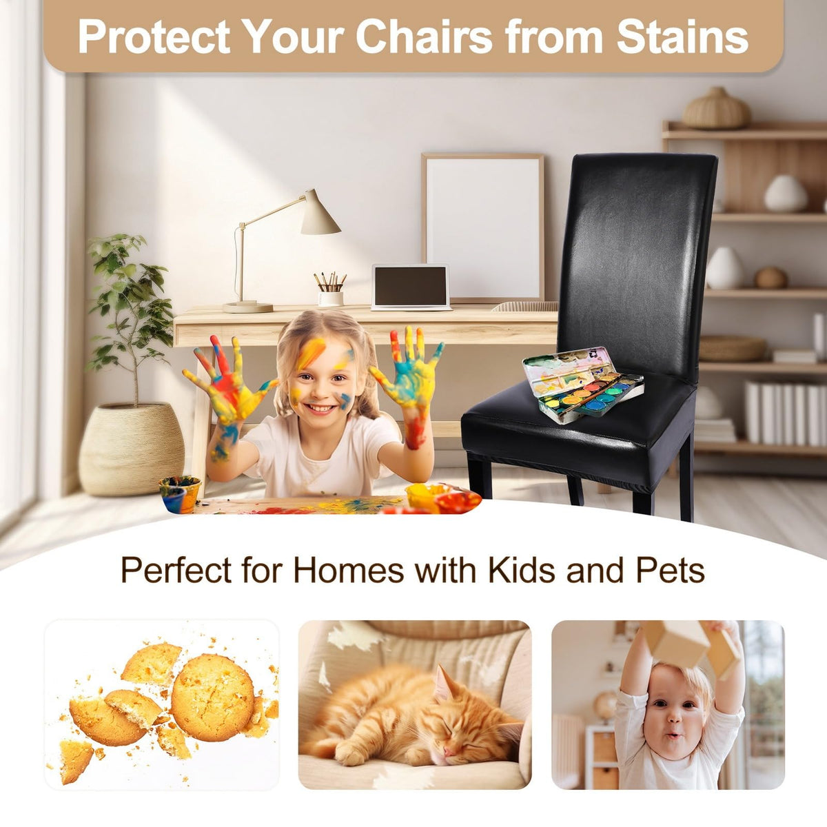 Waterproof PU Leather Dining Chair Covers Set of 4 Black T9832