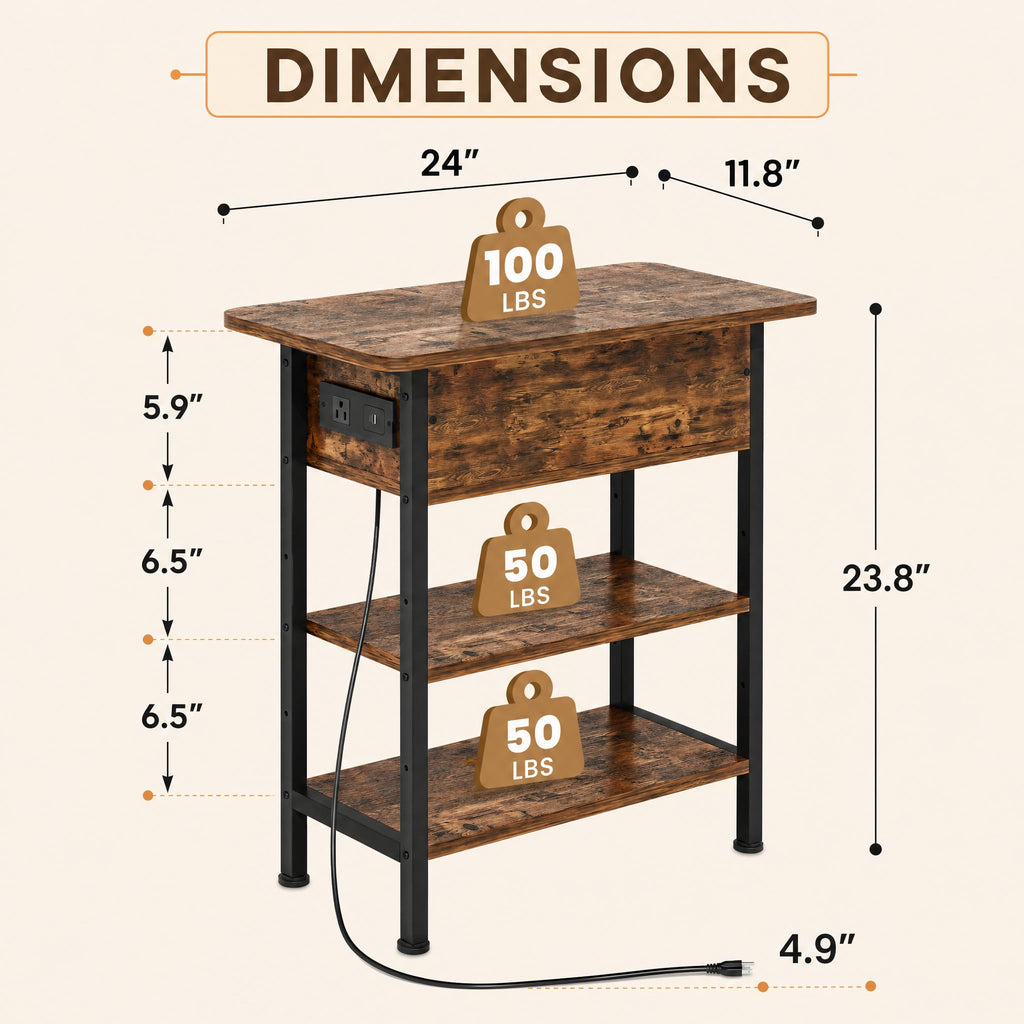 End Table with Charging Station, Flip Top Side Table with USB Ports and Outlets, 3-Tier Side Table with Storage K538