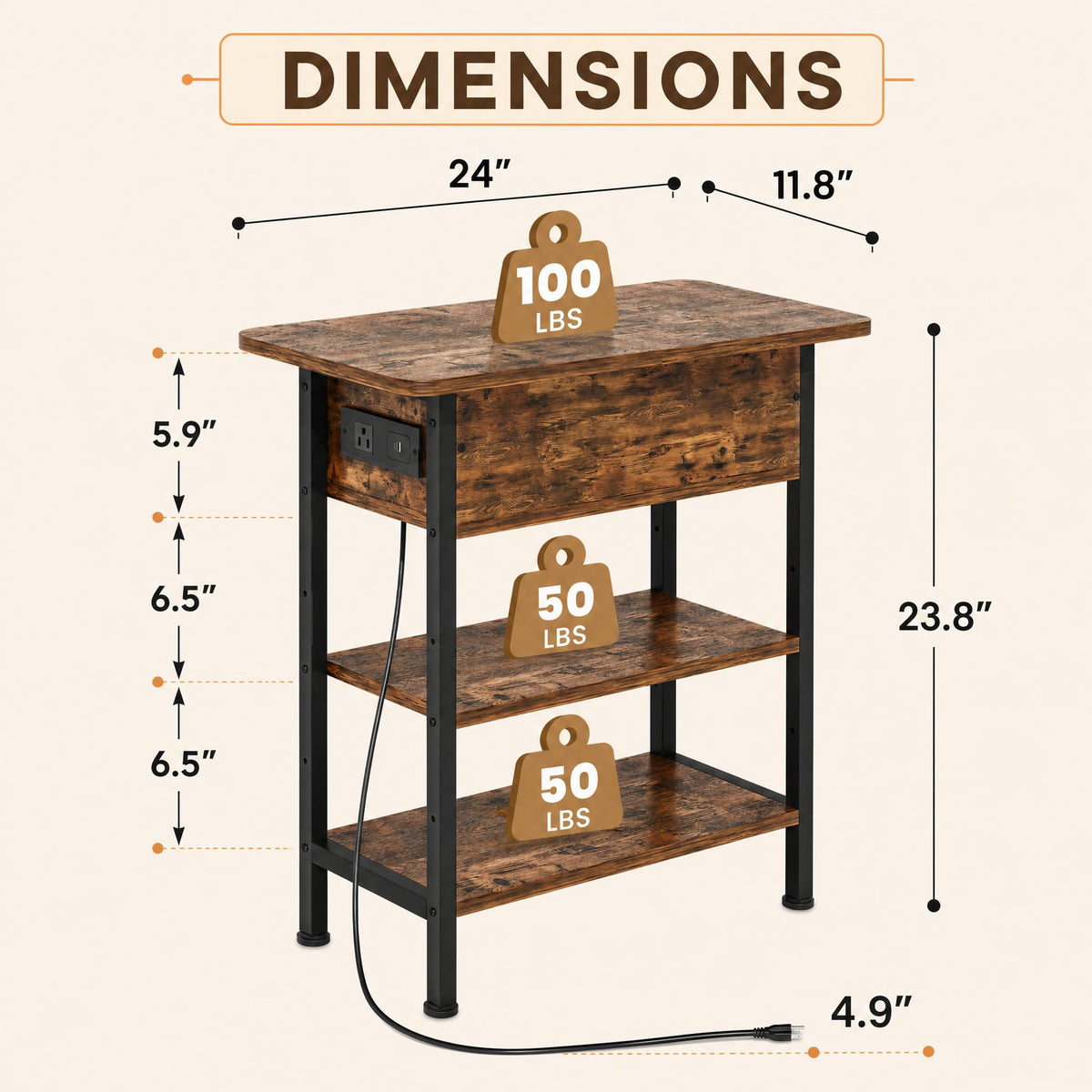 End Table with Charging Station, Flip Top Side Table with USB Ports and Outlets, 3-Tier Side Table with Storage K538
