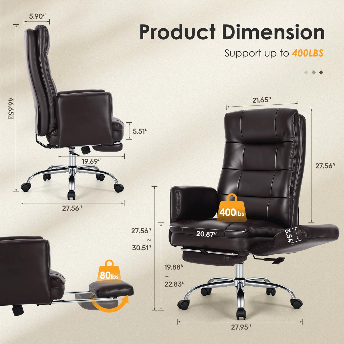 Big and Tall Ergonomic Office Chair with Foot Rest, Brown U3631