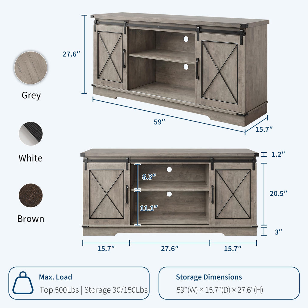 Farmhouse TV Stand with Sliding Barn Doors and Storage Cabinets, Grey E26173