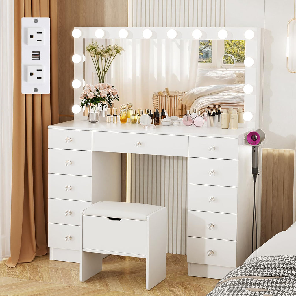 46" Vanity with Lighted Mirror and 11 Drawers J1149