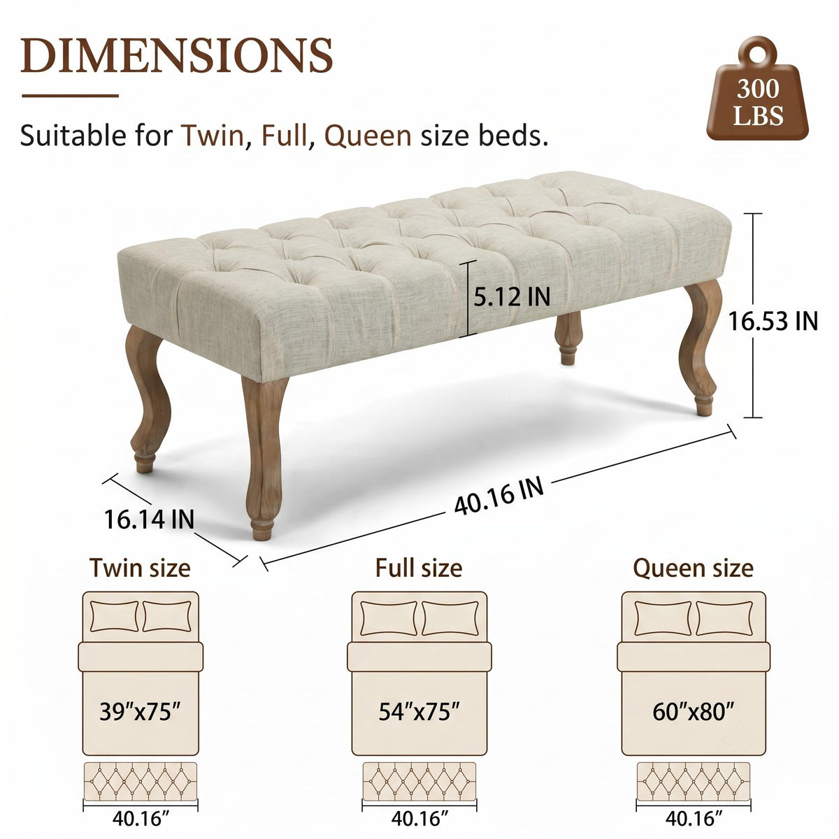 40" Beige Linen Fabric Upholstered Tufted Bench with Distressed Wood Legs S340860