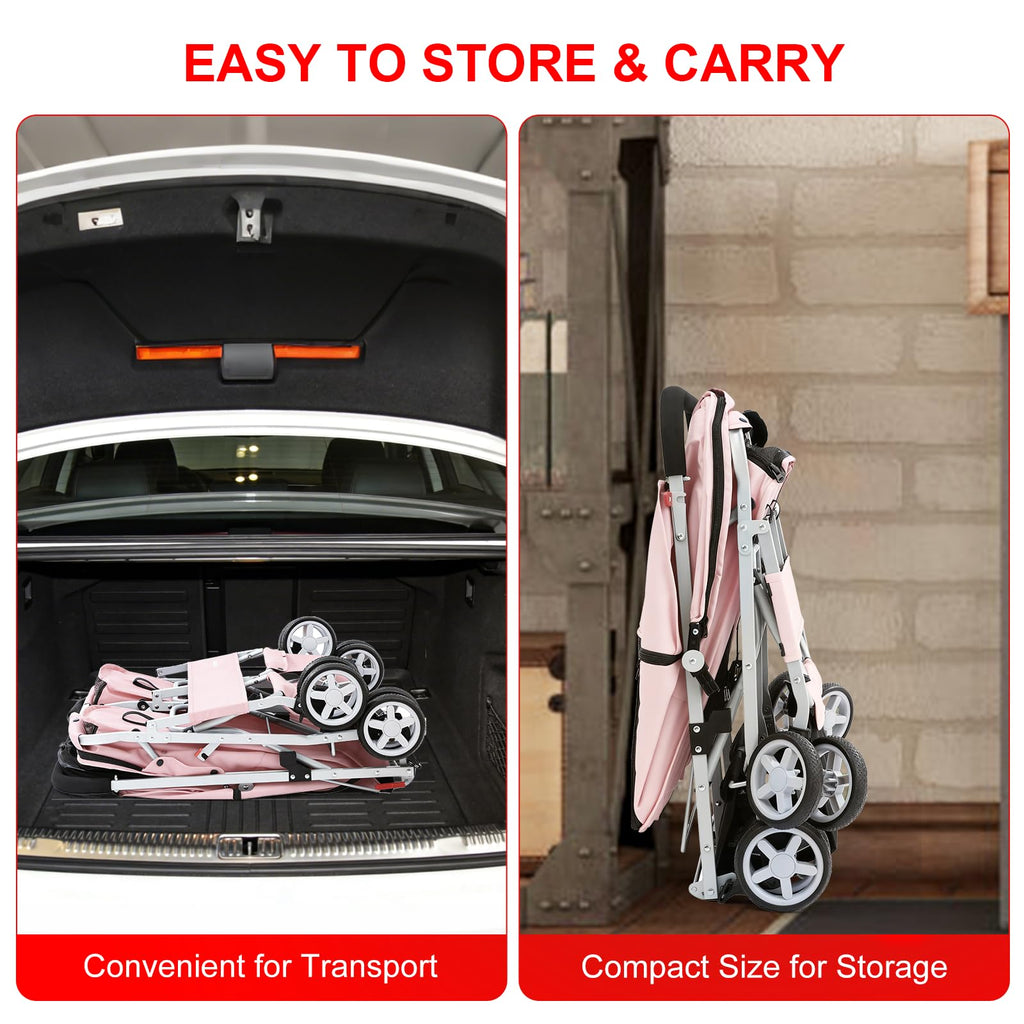 Double Pet Stroller for 2 Small Dogs & Cats, Side-by-Side Twin Travel Carriage with Safety Leashes, Mesh Windows & Double Storage Baskets, Lightweight & Foldable, 44lbs Capacity, Pink O199061