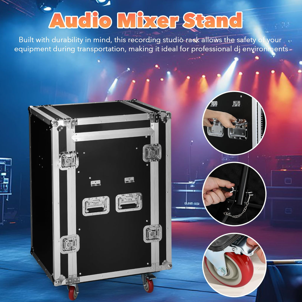 16U DJ Controller Case Rack with 2 Side Tables and 4 Casters O99038