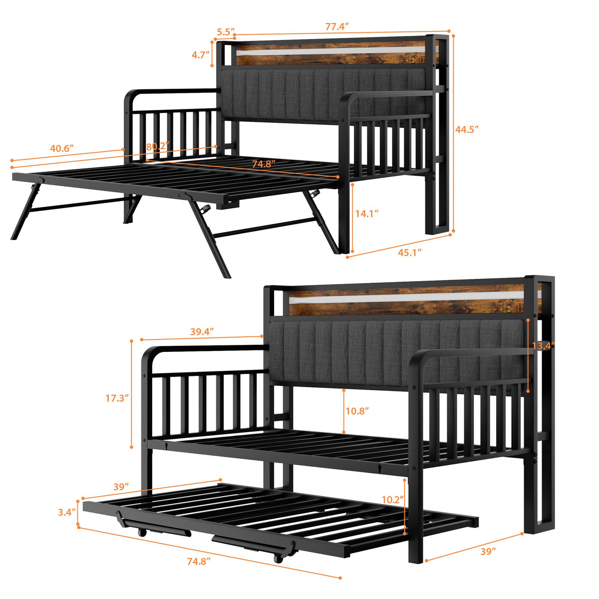 Brown Metal Daybed with Trundle and Storage Headboard K4140