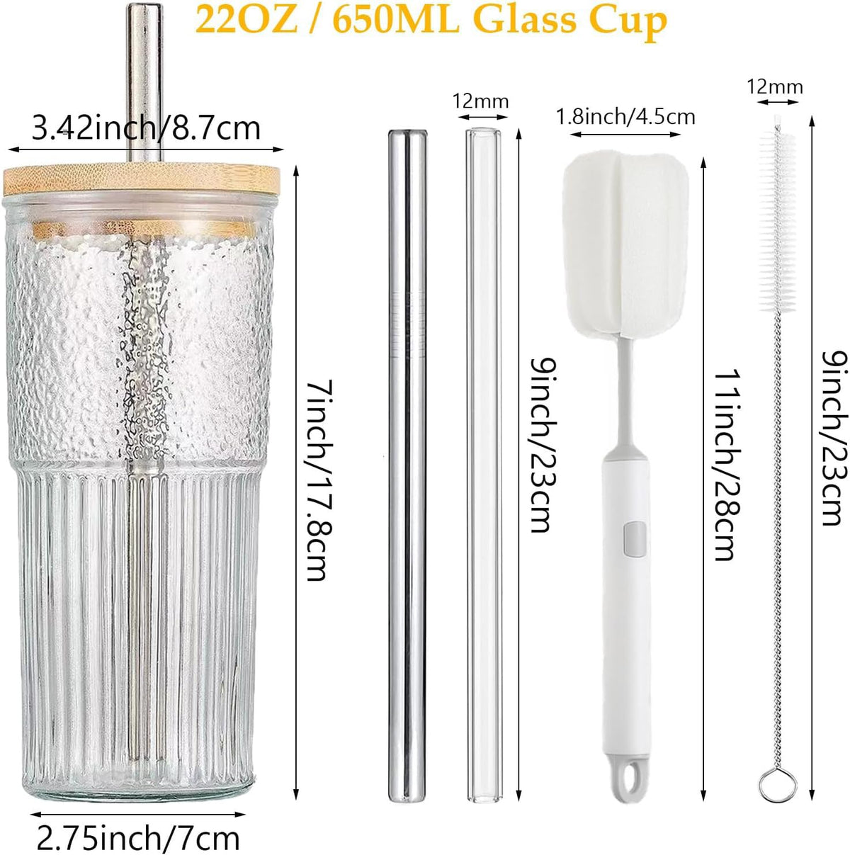 22oz Glass Cups Set with Bamboo Lids and Straws S62481