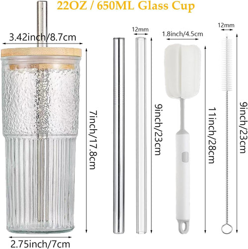 22oz Glass Cups Set with Bamboo Lids and Straws S62481