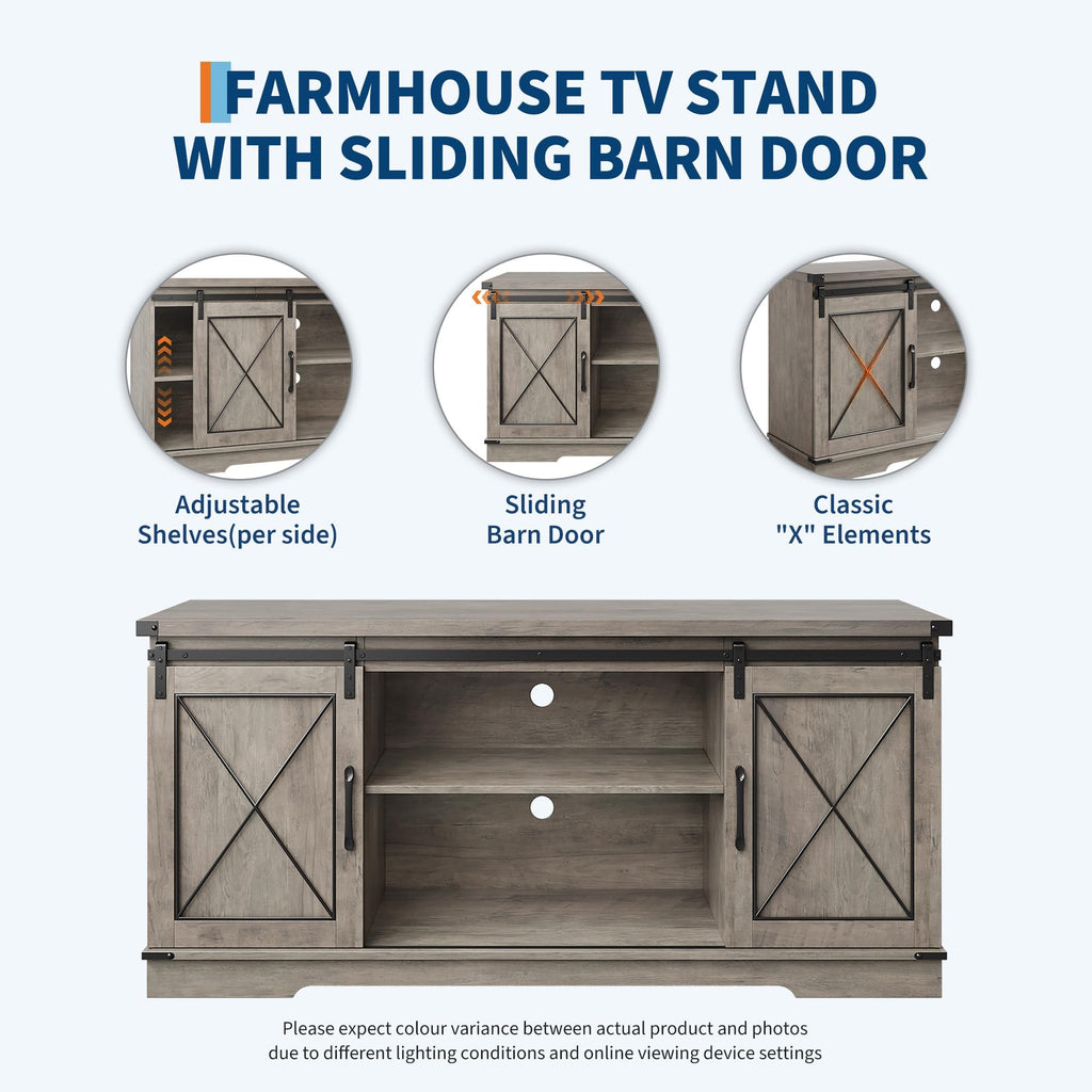 Farmhouse TV Stand with Sliding Barn Doors and Storage Cabinets, Grey E26173