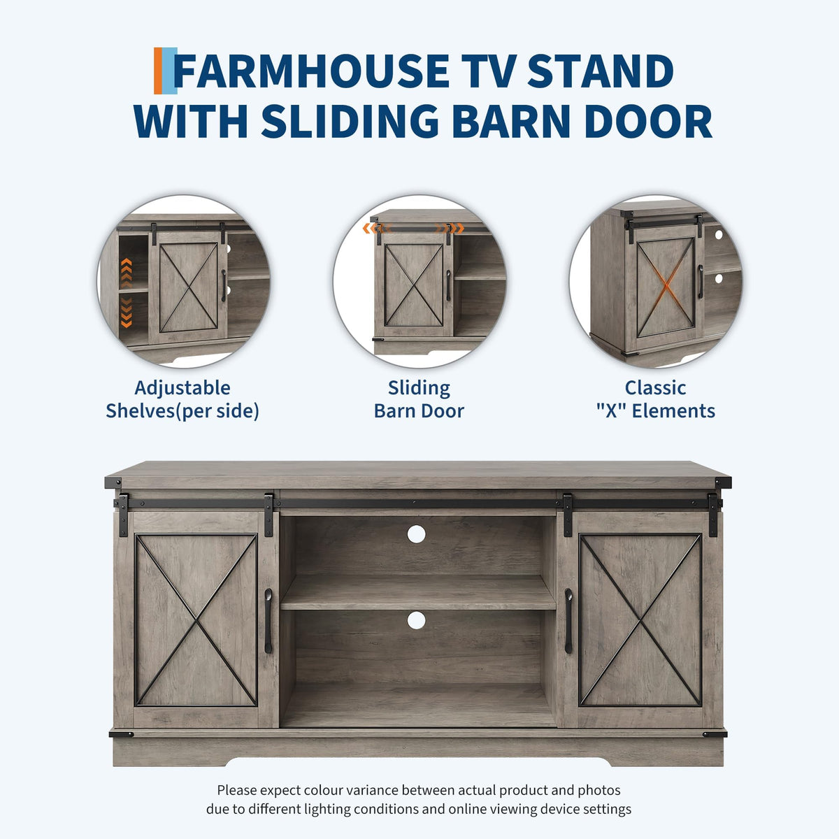 Farmhouse TV Stand with Sliding Barn Doors and Storage Cabinets, Grey E26173