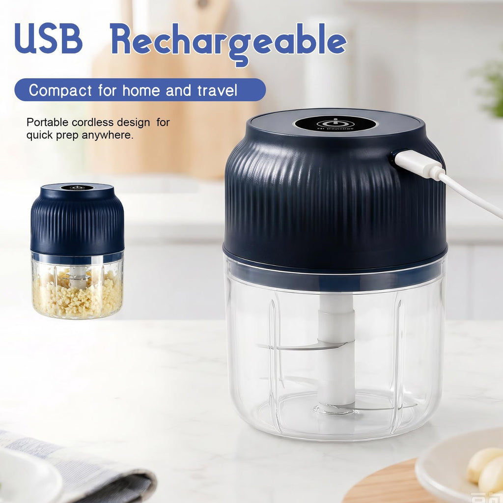 Electric Garlic Chopper, Mini Food Processor, Portable Cordless Garlic Mincer with 4 Stainless Steel Blades, Blue, 300ML G2035