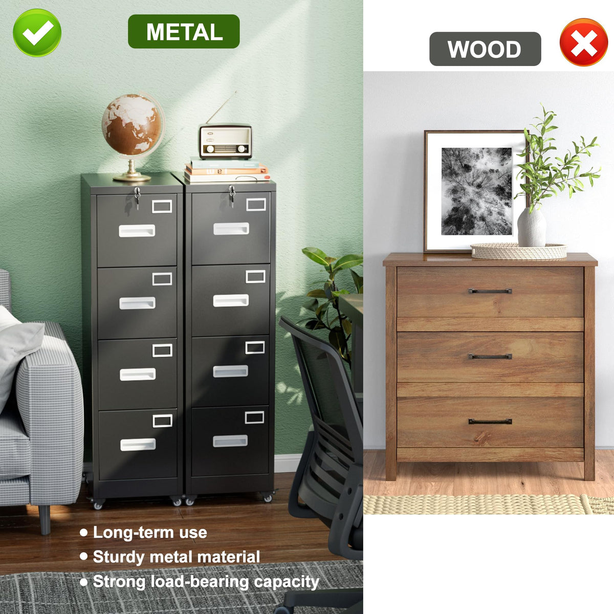 Metal 4 Drawer File Cabinet with Lock and Wheels, Black Z90434