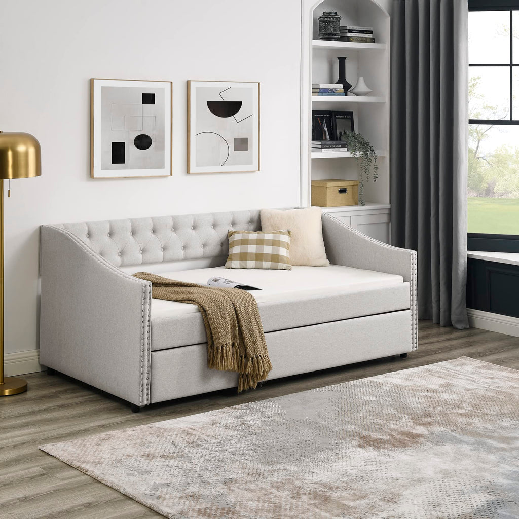 Upholstered Button Tufted Twin Size Daybed with Trundle I9240