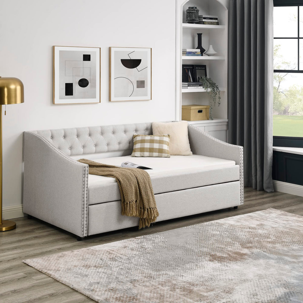 Upholstered Button Tufted Twin Size Daybed with Trundle I9240