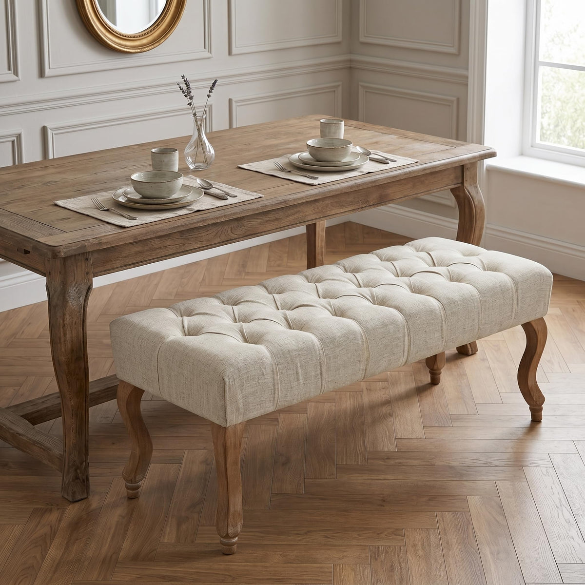 40" Beige Linen Fabric Upholstered Tufted Bench with Distressed Wood Legs S340860