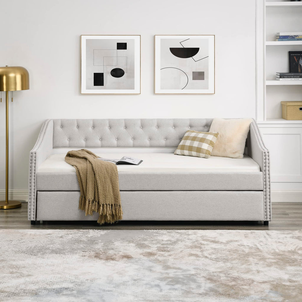 Upholstered Button Tufted Twin Size Daybed with Trundle I9240