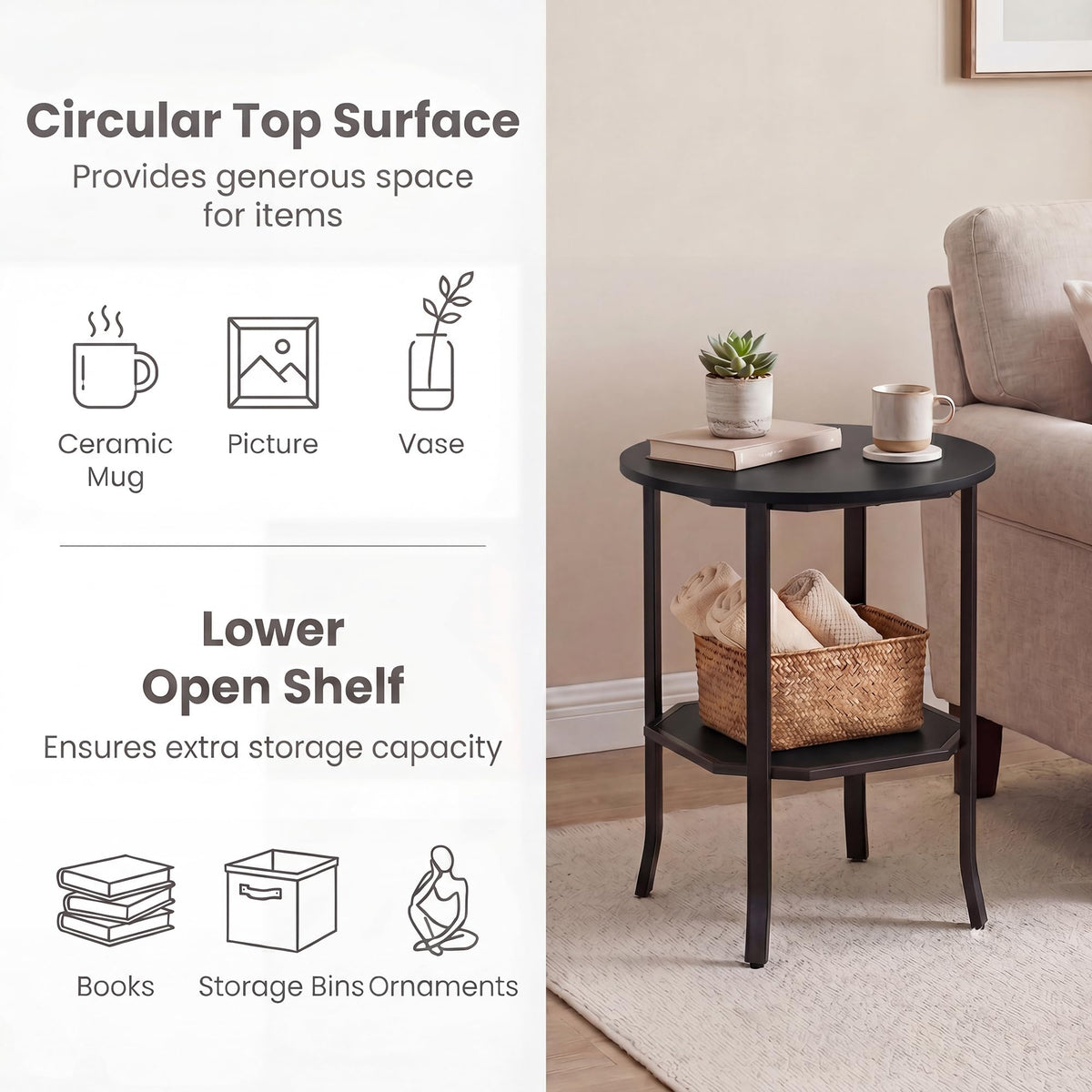2-Tier Round Side End Table with Storage Shelf D557