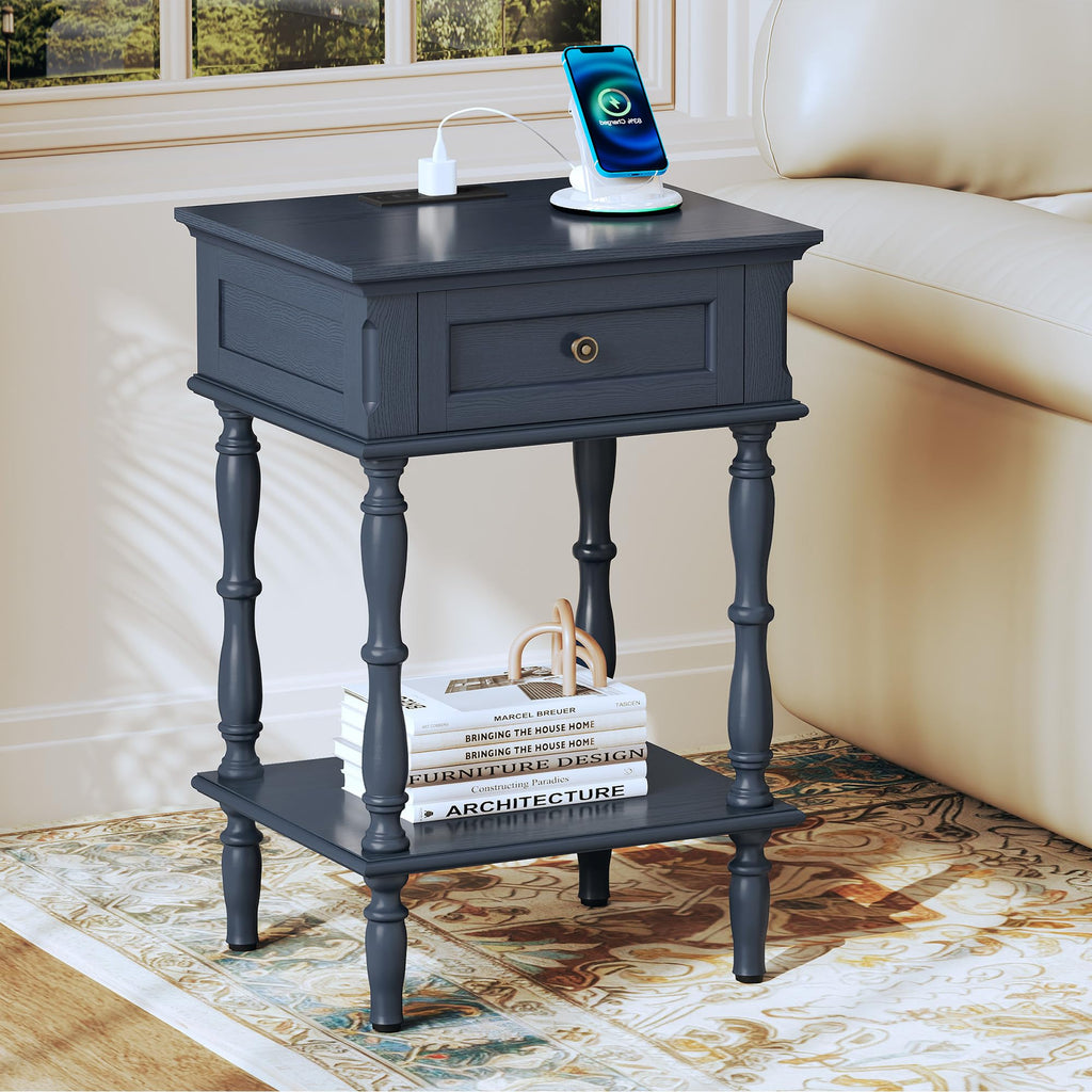 Blue Nightstands Set of 2 with Charging Station & Storage Shelf E172
