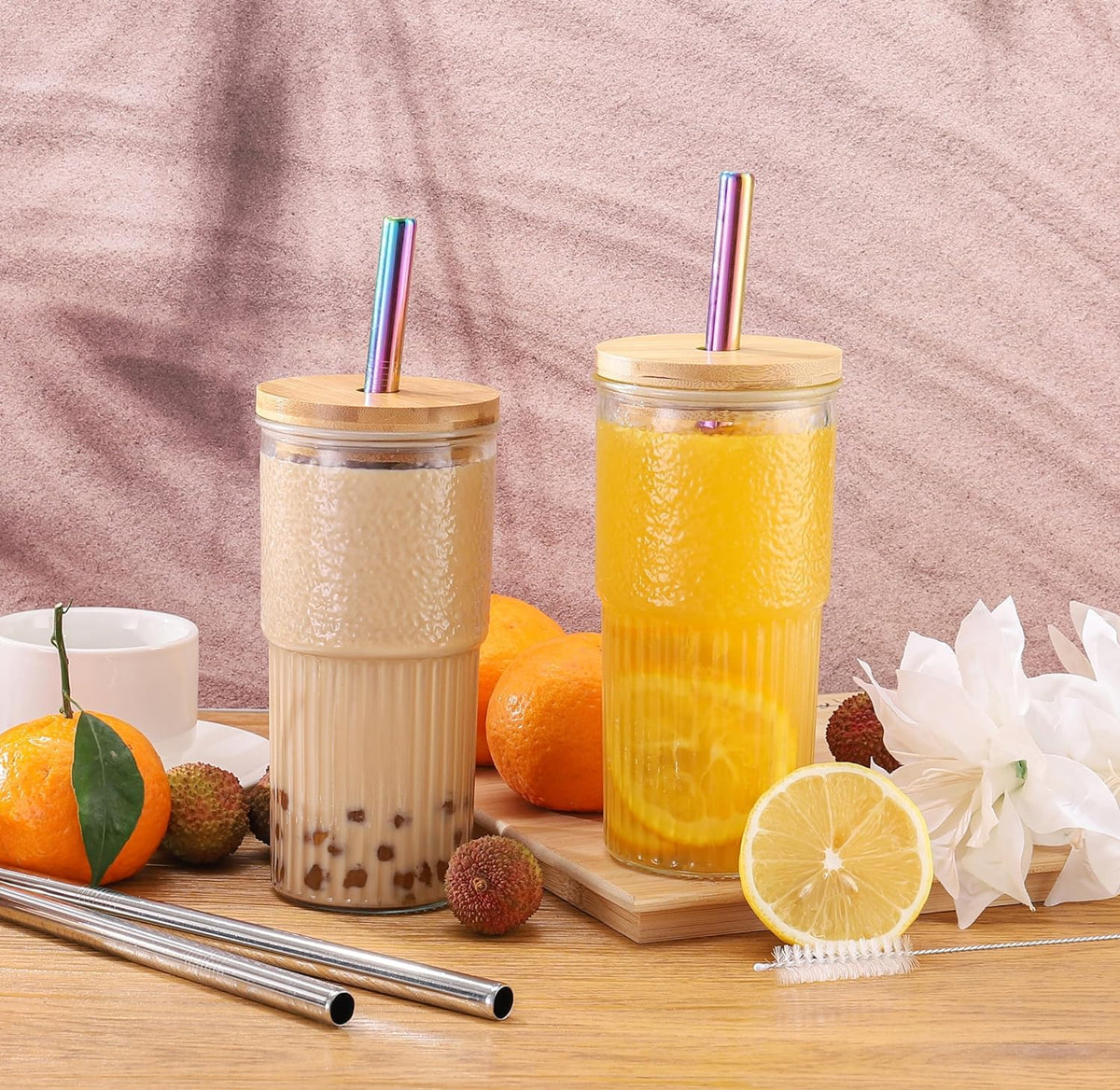 22oz Glass Cups Set with Bamboo Lids and Straws S62481