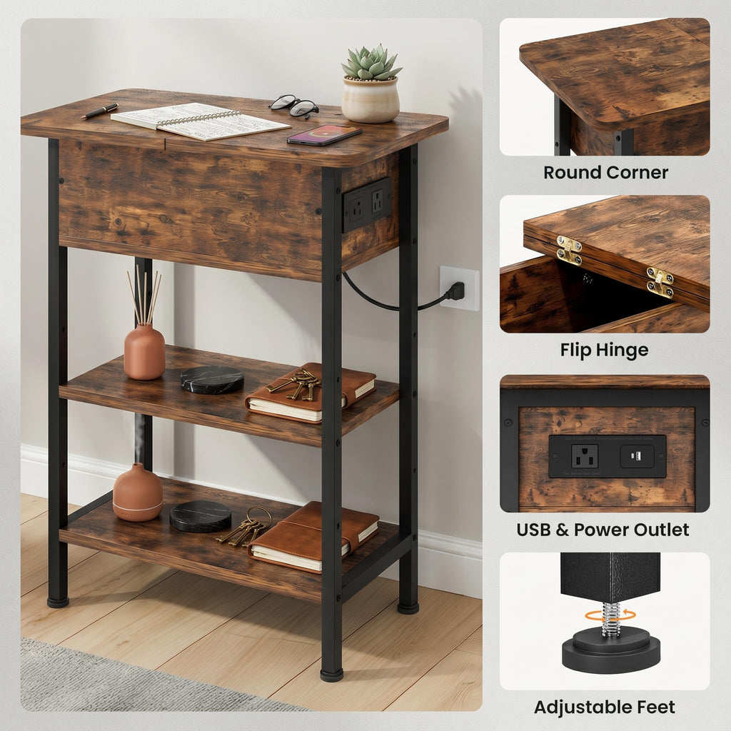 End Table with Charging Station, Flip Top Side Table with USB Ports and Outlets, 3-Tier Side Table with Storage K538
