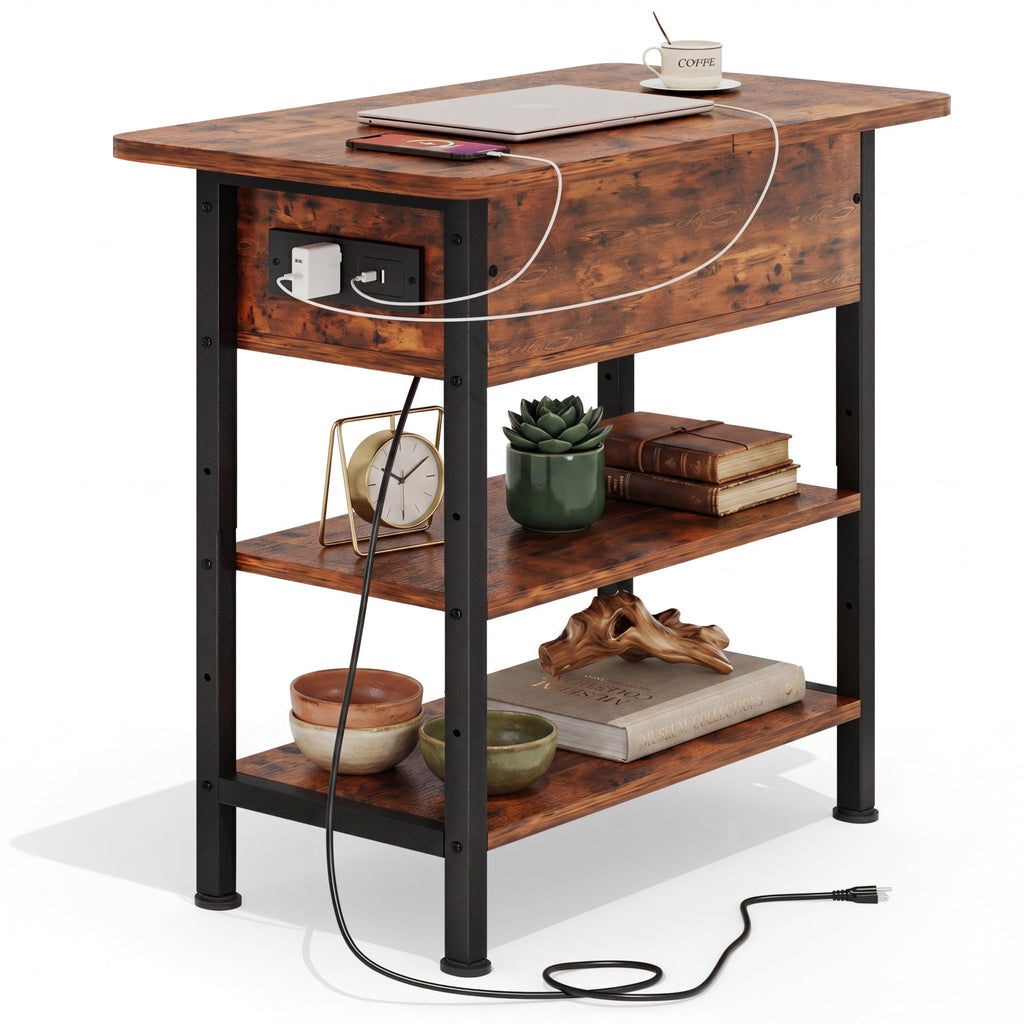 End Table with Charging Station, Flip Top Side Table with USB Ports and Outlets, 3-Tier Side Table with Storage K538